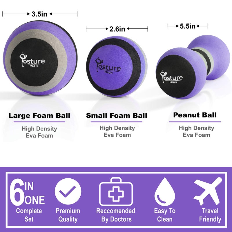 Posture Magic Massage Ball Kit for Myofascial Trigger Point Release & Deep Tissue Massage - Set of 6 - Large Foam/Small Foam/Lacrosse/Peanut/Spiky/Hand Exercise Ball (Purple) - Image 2